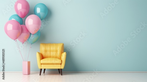 Interior in pastel yellow, pink and blue. Minimalism photo