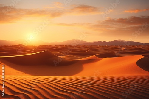 An expansive desert scene with rolling sand dunes stretching to the horizon, bathed in the warm glow of the setting sun