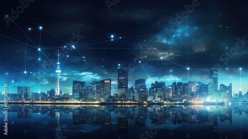 smart network and connection technology, set against the backdrop of city at night, a panoramic view, to symbolize the integration of technology with urban landscapes.