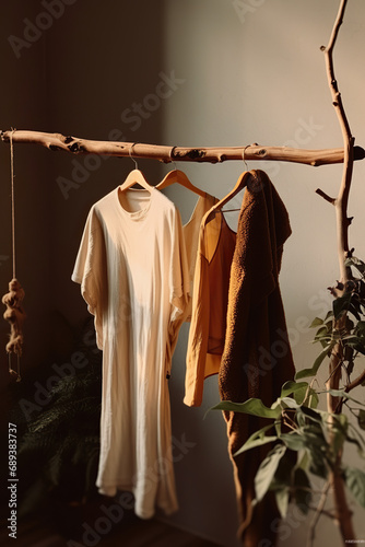 Women s clothing hanging on a wooden hanger in a room.