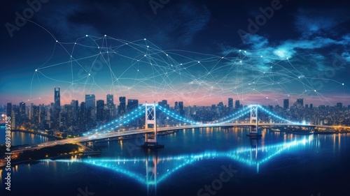 smart network and connection technology, set against the backdrop of city at night, a panoramic view, to symbolize the integration of technology with urban landscapes.