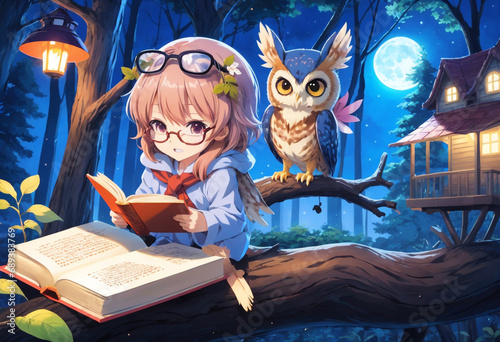 In this adorable illustration, a serene nighttime forest comes to life as a mother owl and her adorable little fairy owl take over the scene.