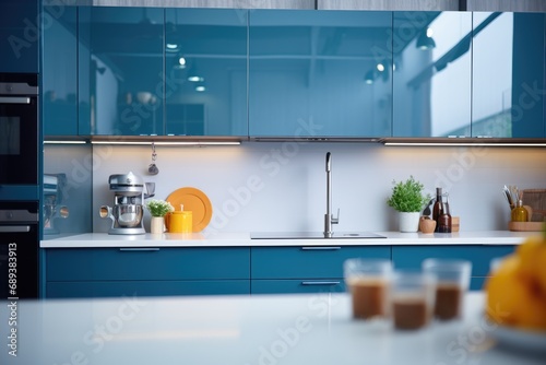 Details of a moden designer kitchen with white countertop. Home interior design ideas photo