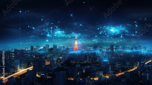 smart network and connection technology, set against the backdrop of city at night, a panoramic view, to symbolize the integration of technology with urban landscapes.