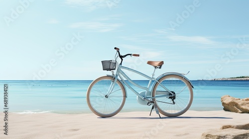 a bicycle near the beach, capturing the serene atmosphere and coastal charm, emphasizing the simplicity and tranquility of the beachside scene.