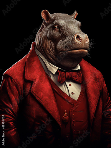 a hippo wearing a red coat, steampunk influences created with Generative Ai