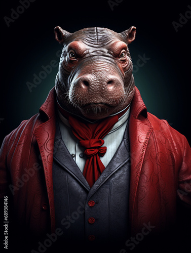 a hippo wearing a red coat, steampunk influences created with Generative Ai