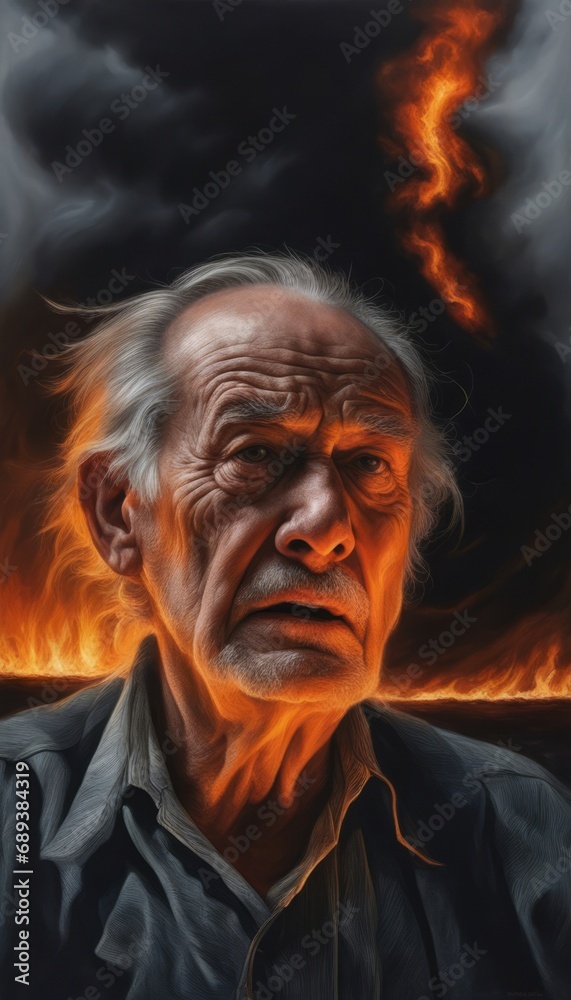 Old here is a man with a wrinkled face against the backdrop of a night fire