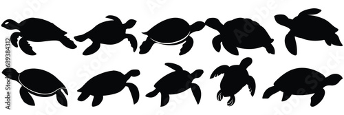 Sea turtle caretta silhouettes set, large pack of vector silhouette design, isolated white background