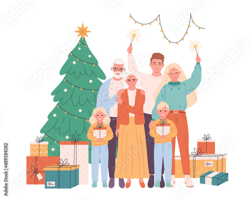 Family with children and grandparents celebrating Christmas or New Year. Christmas tree with presents. Vector illustration in flat style