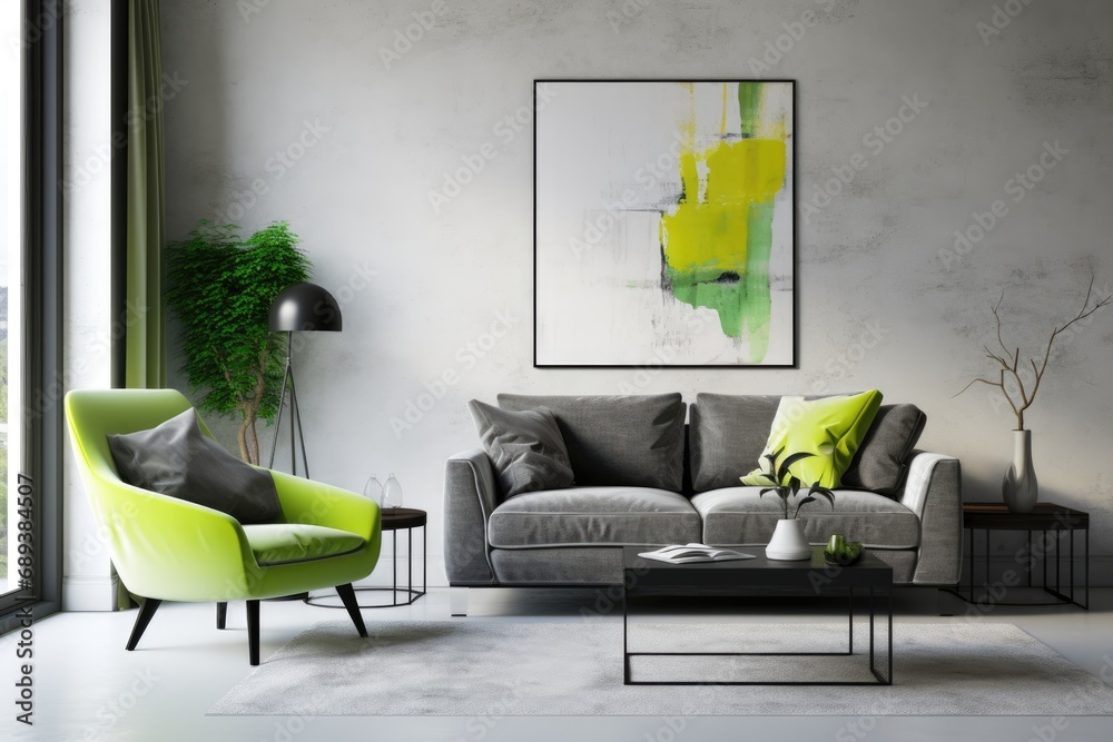 Modern living room with bright accent arm-chair - obrazy, fototapety, plakaty 