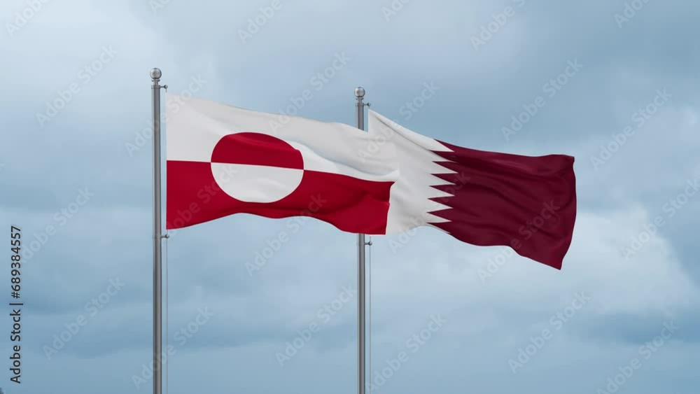 Qatar and Greenland flag waving together on cloudy sky, endless seamless loop, two country cooperation concept Qatar and Greenland flag waving together on cloudy sky, endless seamless loop, two country cooperation concept