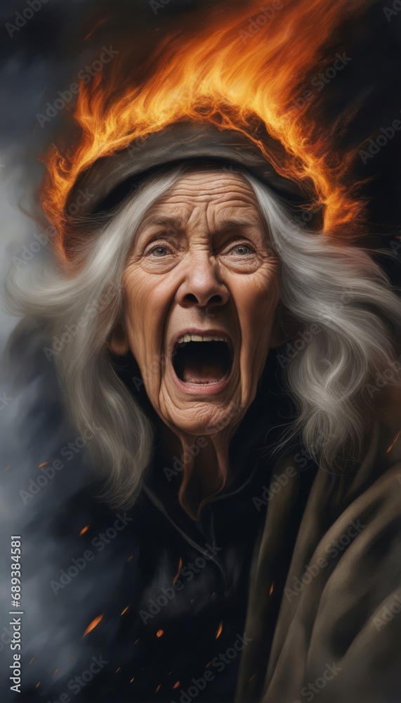 A wrinkled, gray-haired old woman screams, fire on her hat