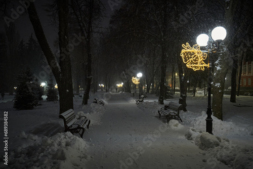 street lights in a snowy park at night 