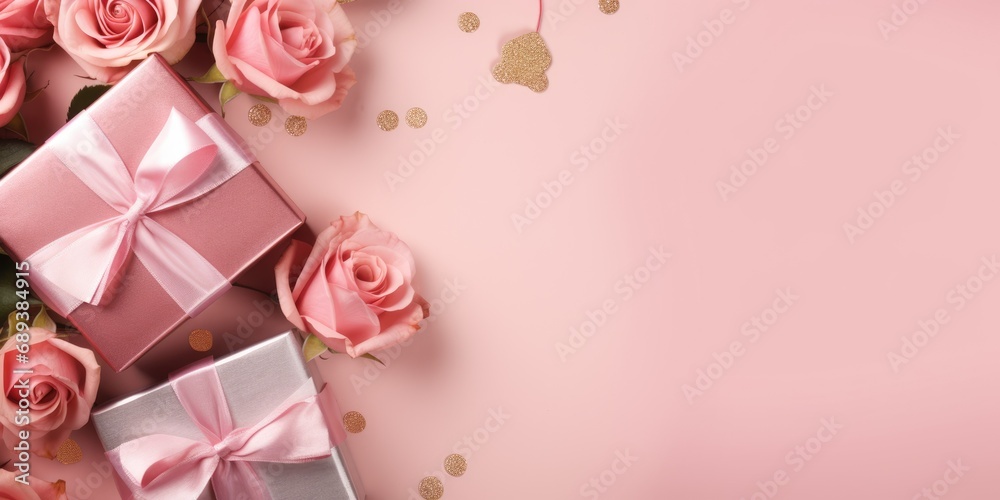 Flat lay with gift box and roses on pink background. Saint valentine, wedding, mothers day invitation Flat lay with gift box and roses on pink background. Saint valentine, wedding, mothers day invitation