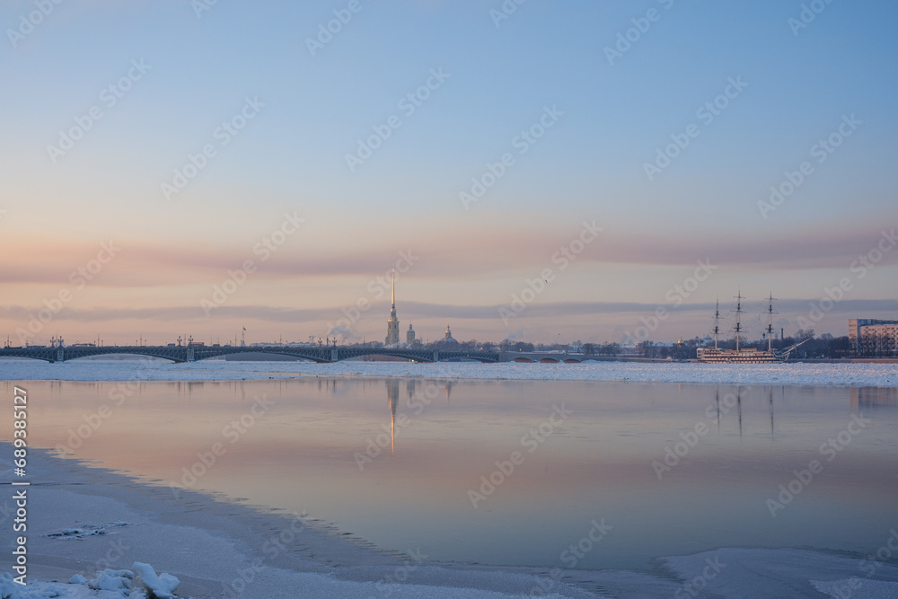 Winter cityscape, Saints Peter and Paul Cathedral and frigate Grace, Saint-Petersburg.