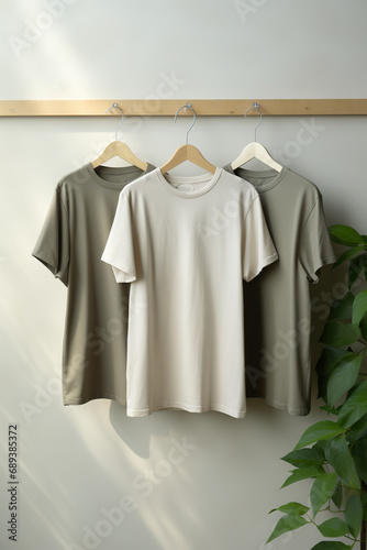 Grey t-shirts on hangers on wall. Mockup for design