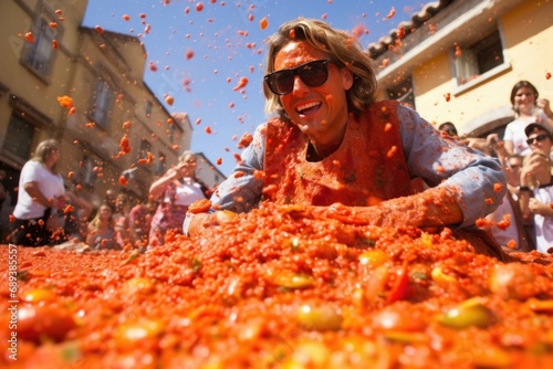 Tomatina, or the battle of tomatoes, a man in sunglasses. There are tomatoes crushed photo