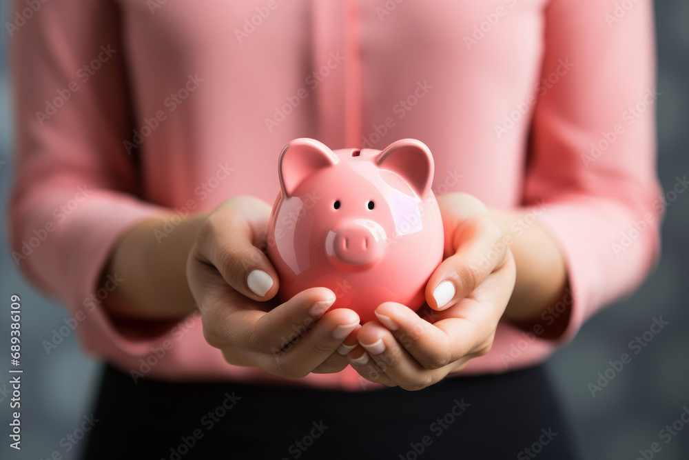 Saving money concept. woman holding pink piggy bank Saving money concept. woman holding pink piggy bank