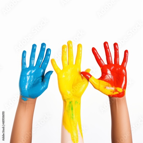 Child hands in line palms in bright paint, yellow red blue color isolated on white background
