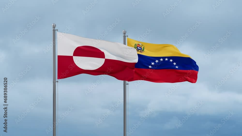Venezuela and Greenland flag waving together on cloudy sky, endless seamless loop Venezuela and Greenland flag waving together on cloudy sky, endless seamless loop