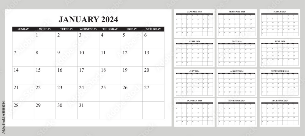 Simple Calendar 2024 sunday start - obrazy, fototapety, plakaty 