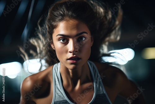 Portrait of female athlete training on race track at athletics stadium.