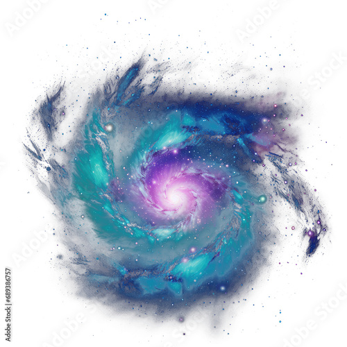 Teal and purple spiral galaxy, transparent background (PNG)
