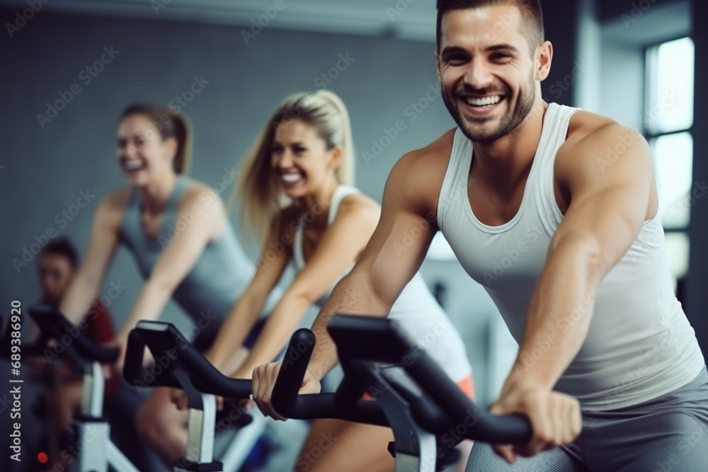 Group of sporty people having spinning class at gym.