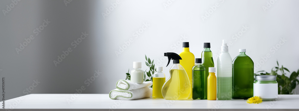 a set of natural cleaning products and detergents for home cleaning made from natural ingredients and toxic free. banner - obrazy, fototapety, plakaty 