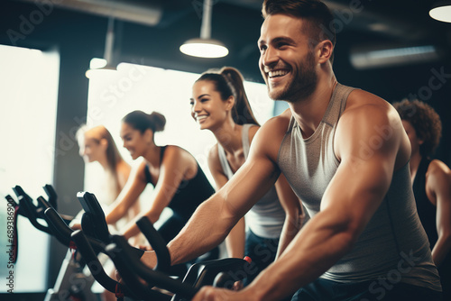 Fit young man in sportswear doing a cycling class in a gym with female friends in the background. photo