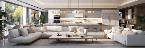 A lavish lounge area with plush seating arrangements blending into a pristine white kitchen with high-end appliances. 8k © UMR