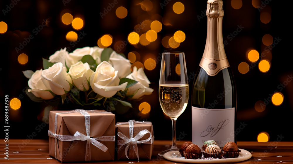 Bottle and two glasses of champagne with white rose flowers and chocolate candies on the table with blurred lights on the background