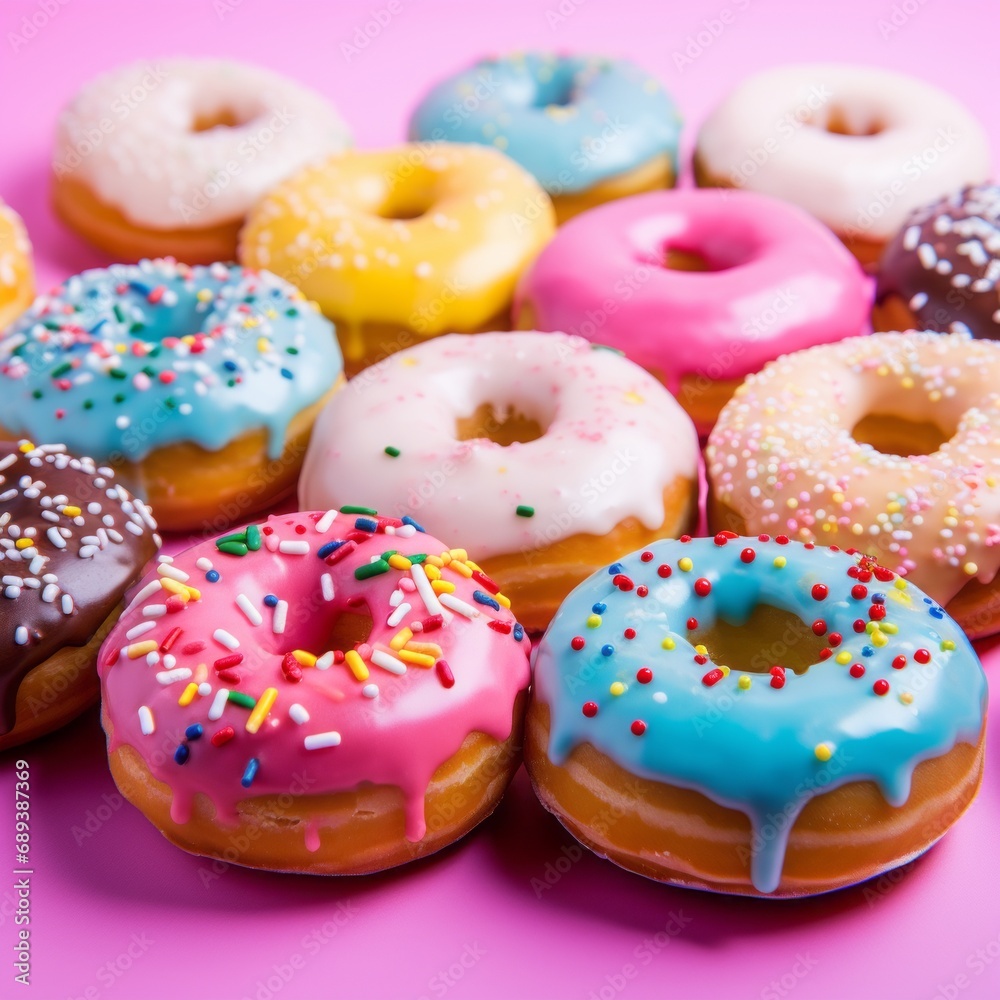 Sweet bright Donuts in various glazes lined up in a perfect line and colored sprinkles 