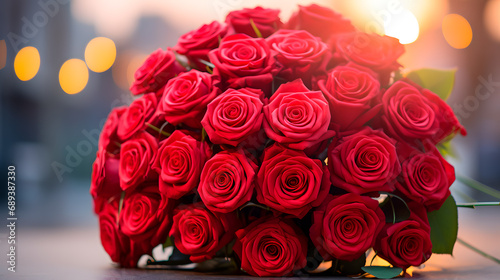 Big beautiful bouquet of fresh red roses on the empty blurred background