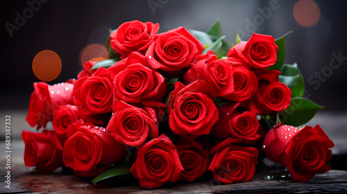 Big beautiful bouquet of fresh red roses on the empty blurred background