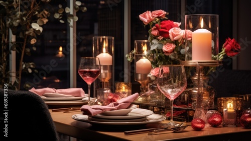 Dining room with the table set up for romantic dinner. Saint Valentin celebration