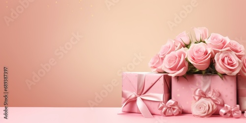 Roses and gift box with satin ribbon on pink background. Saint valentine, birthday, mothers day celebration © netrun78
