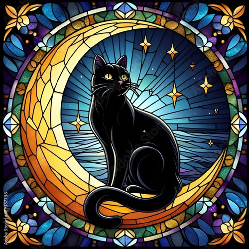 AI generated illustration of a black cat perched on a stained glass crescent window photo