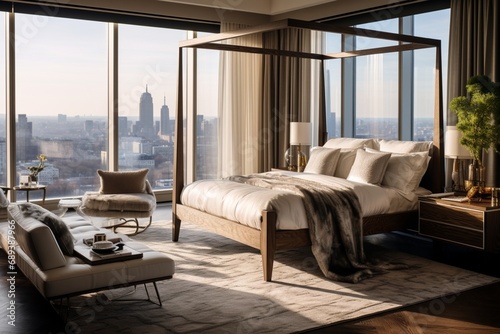 A luxurious bedroom featuring a canopy bed, elegant furnishings, and expansive windows offering panoramic views of the cityscape.