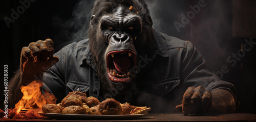 Frightening gorilla portrait, eating hamburger, hyper-realistic details, eerie lighting, black backdrop, commercial horror photography