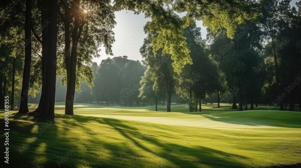 green fresh manicured lawn of golf court in the morning sunrise.