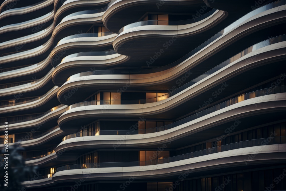 Modern architecture with flowing balconies creating an undulating facade, symbolizing urban innovation. Modern architecture with flowing balconies creating an undulating facade, symbolizing urban innovation.