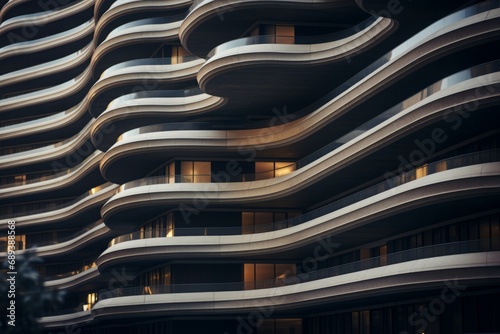 Modern architecture with flowing balconies creating an undulating facade, symbolizing urban innovation.