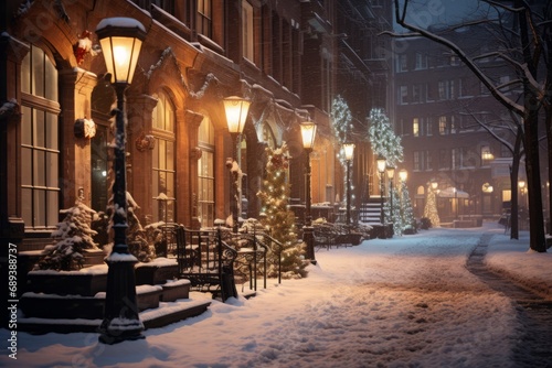 A charming snow-covered street at night, lined with glowing lamps and festive decorations, inviting a magical winter stroll.