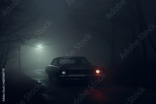 Vintage car with headlights piercing through dense fog on a forest road, evoking mystery and a sense of adventure.