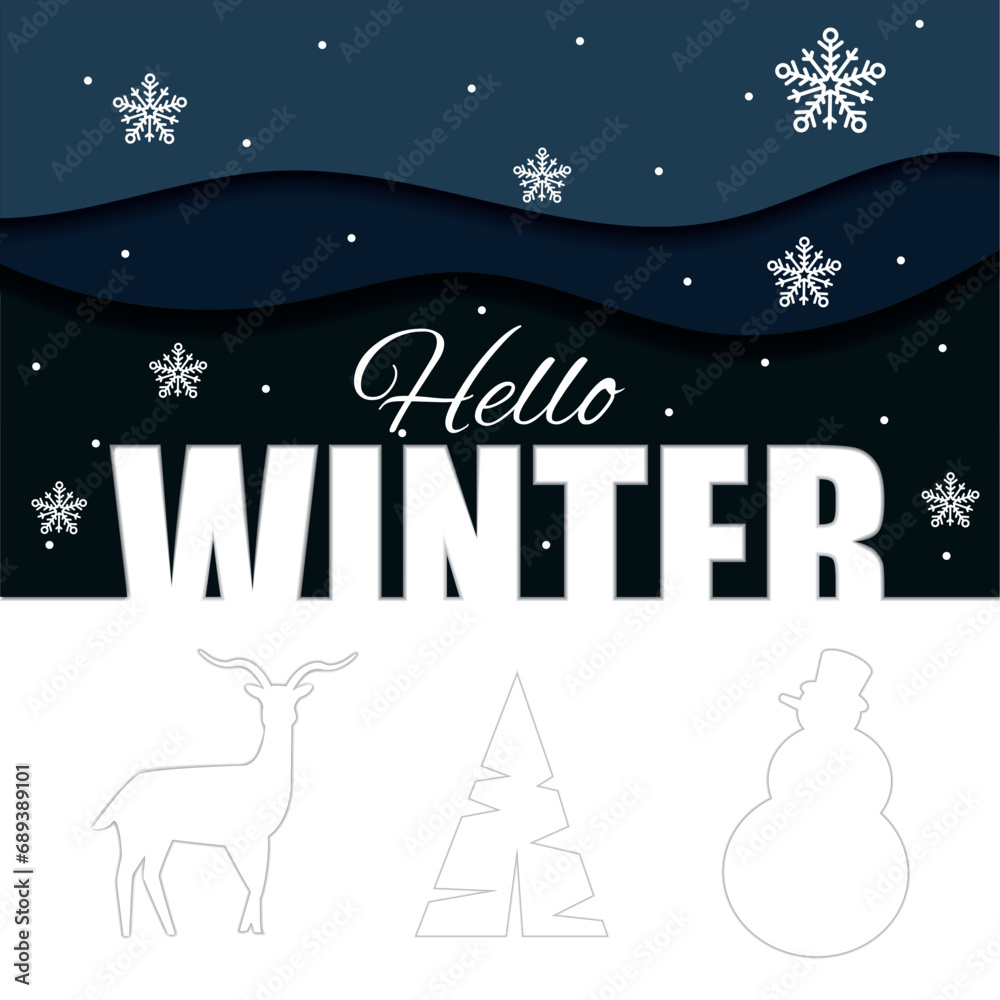 Hello winter poster with christmas icons Paper art poster Vector