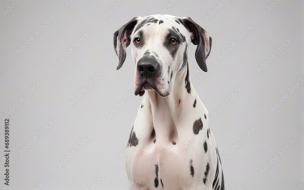 Primer plano de perro Gran Danés sentado, mirando al frente, sobre fondo blanco 