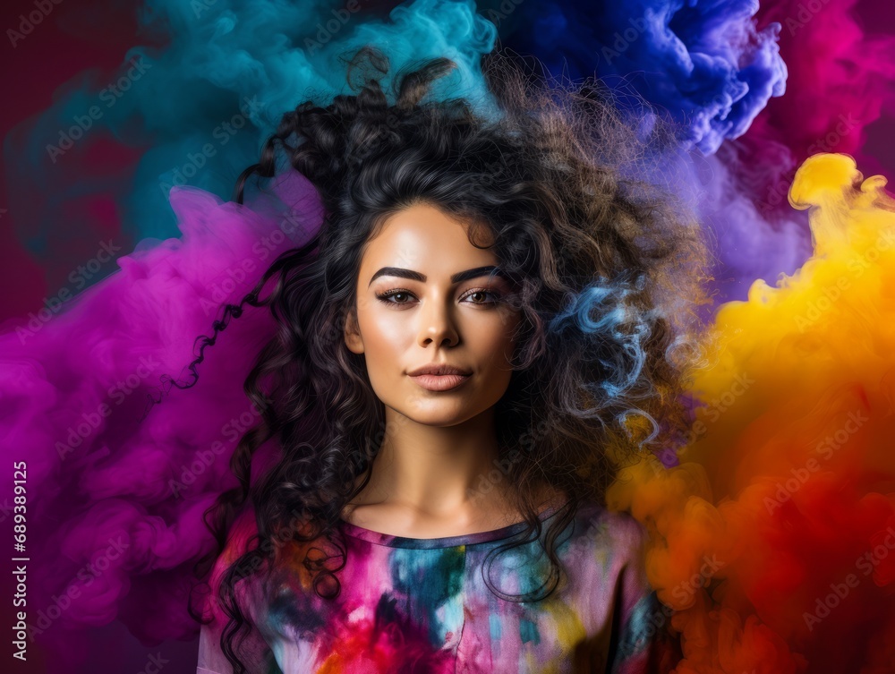 Woman surrounded by colorful smoke in rainbow colors