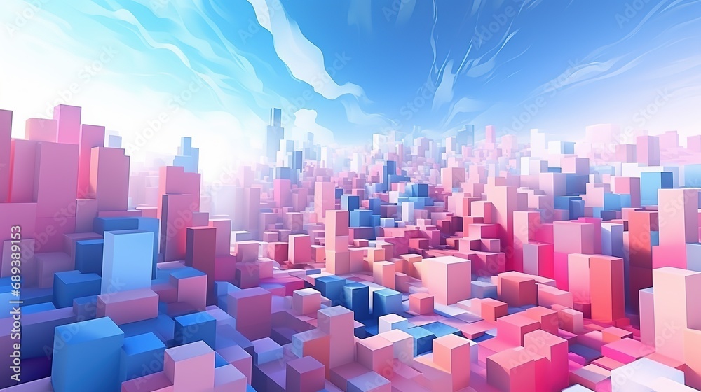 Abstract technology background. Scatter topographic landscape based on colorful cubes. Abstract low poly city with blue and pink buildings.  - obrazy, fototapety, plakaty 